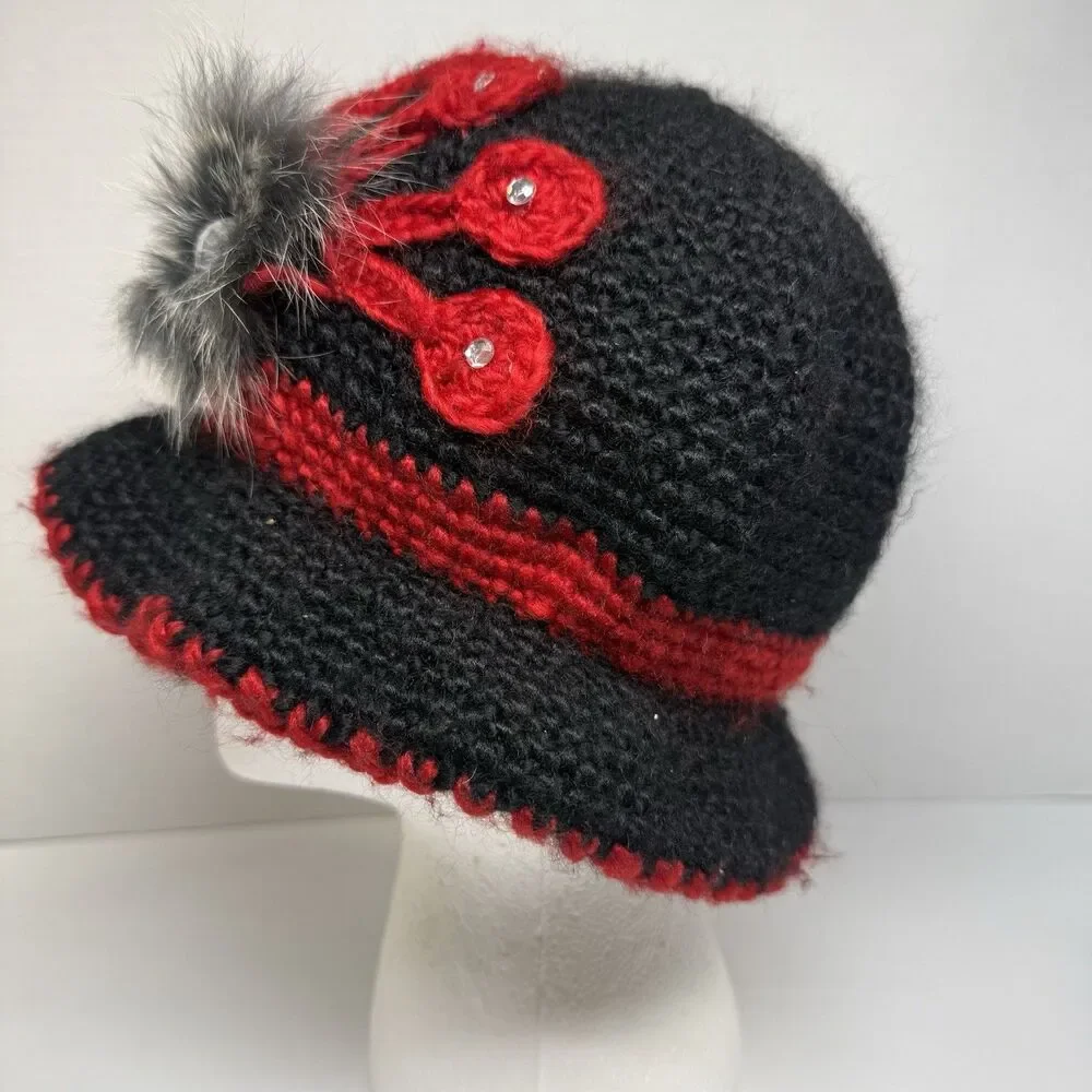 Vintage Black And Red Crocheted Embellishment Hat With Top Dog Removable Brooch - Picture 2 of 7